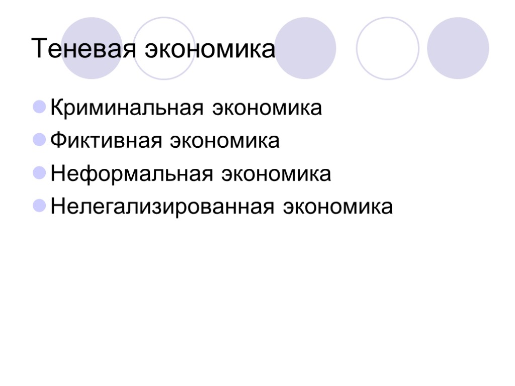 Теневая экономика Криминальная экономика Фиктивная экономика Неформальная экономика Нелегализированная экономика